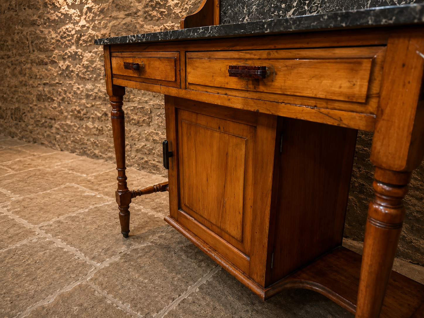Victorian French Walnut Marble Top Washstand | Antique Fossil Marble Vanity Cabinet | Circa 1880–1900