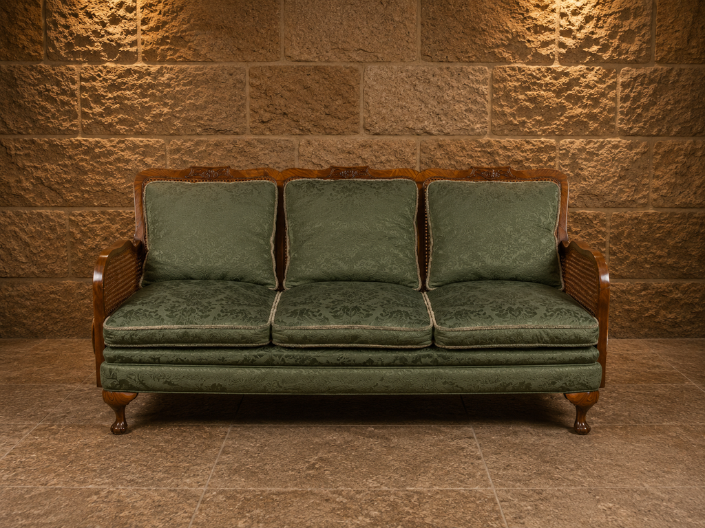 Vintage Art Deco Bergère Three Seater Sofa | Walnut & Cane Sofa | Elegant French Style Vintage Seating