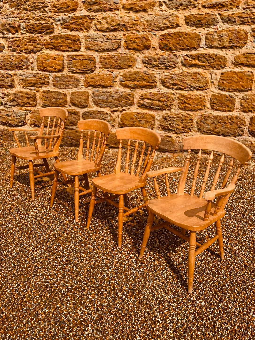 Set of 4 Vintage Windsor Dining Chairs with Armchairs – Solid Wood Farmhouse Chairs