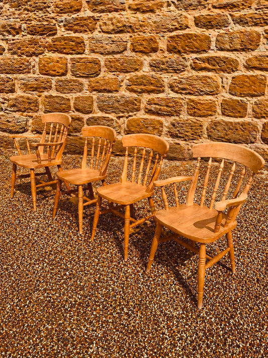 Set of 4 Vintage Windsor Dining Chairs with Armchairs – Solid Wood Farmhouse Chairs
