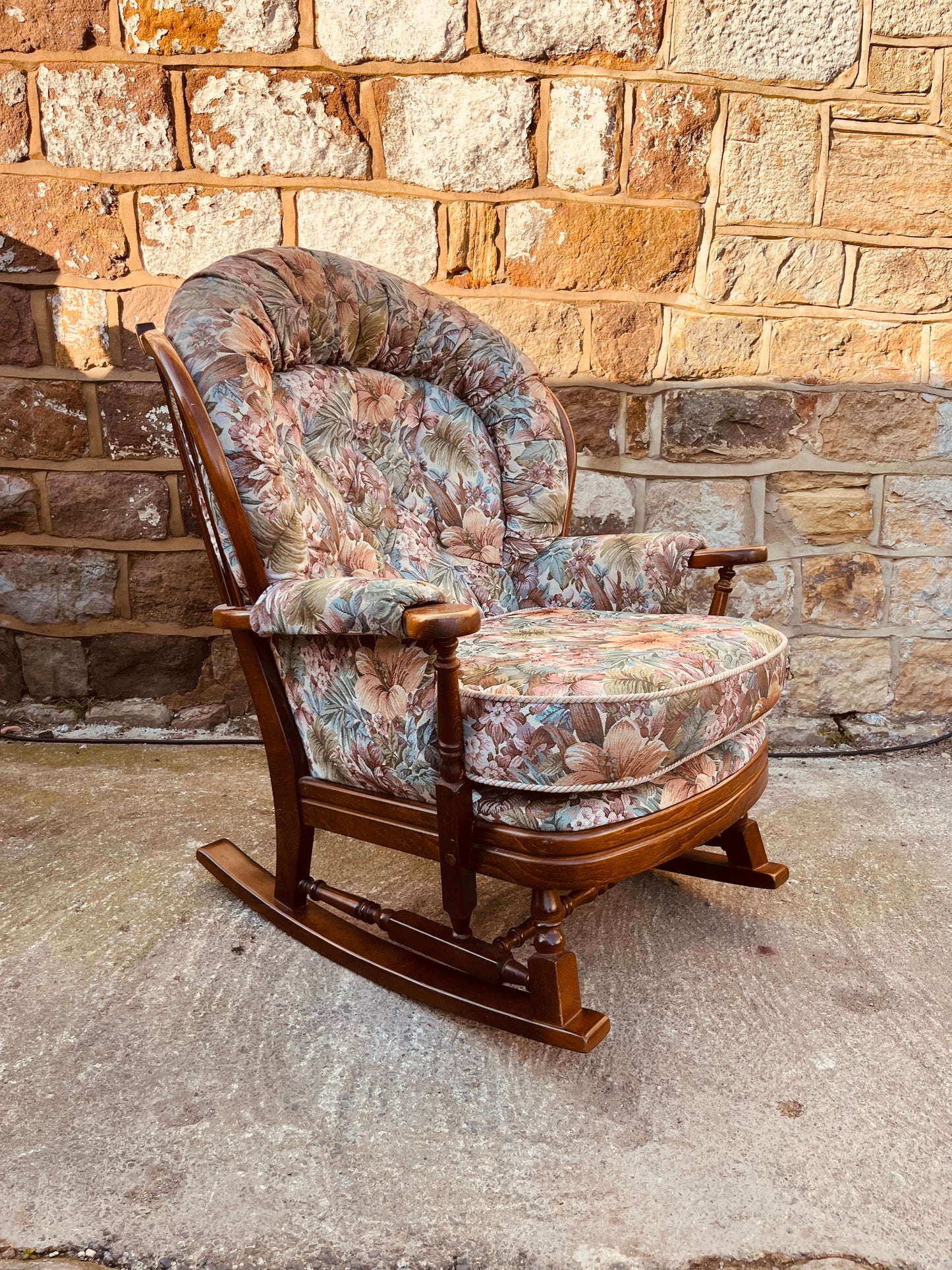 Vintage Upholstered Rocking Armchair – Floral Tapestry Wooden Rocker