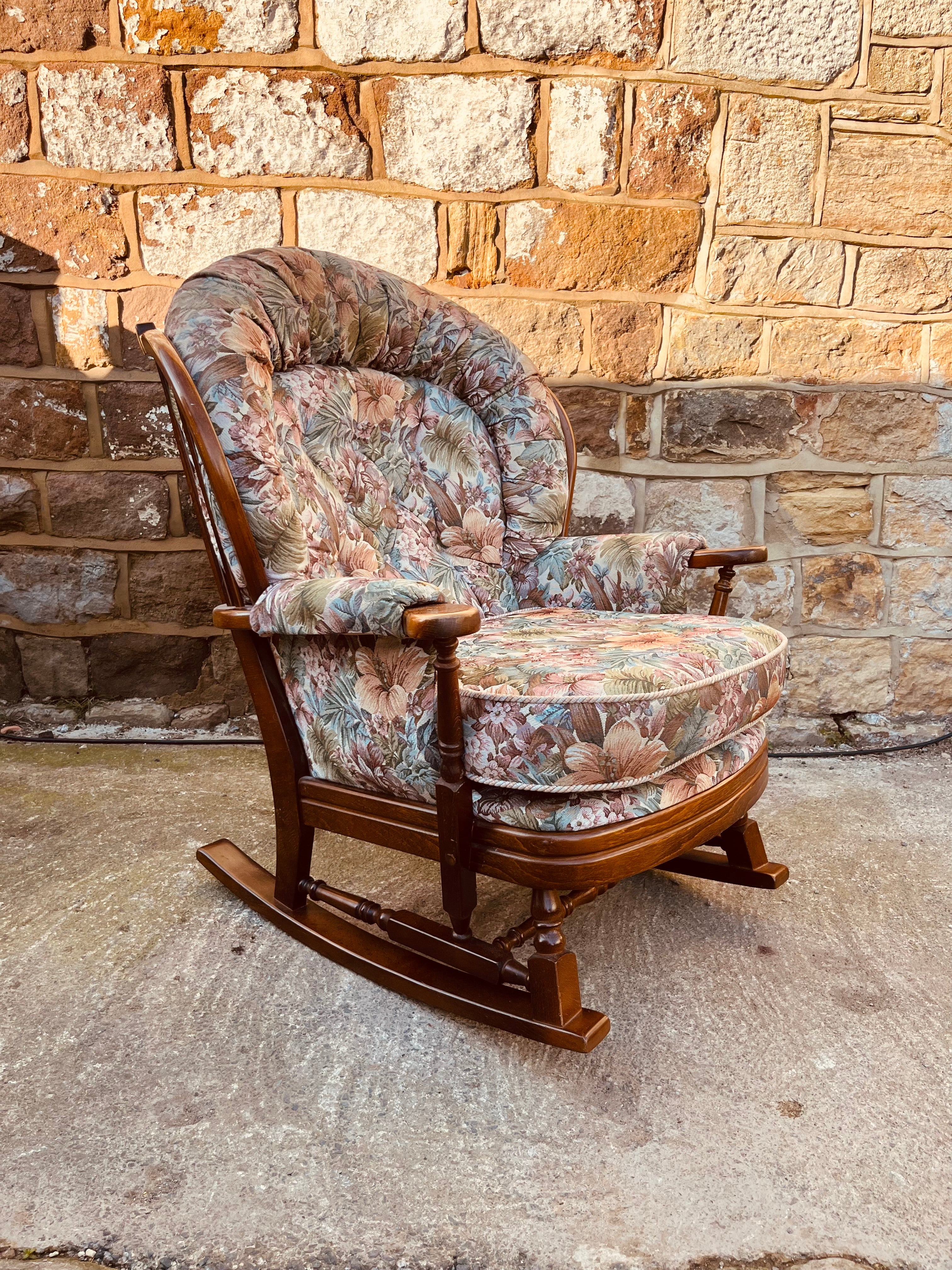Vintage Upholstered Rocking Armchair – Floral Tapestry Wooden Rocker