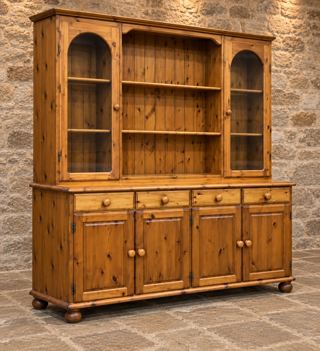 Vintage pine farmhouse dresser with glazed cupboards