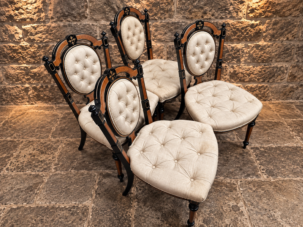 Set of 4 Victorian Aesthetic Movement Ebonised & Burr Walnut Inlaid Dining Chairs c.1875