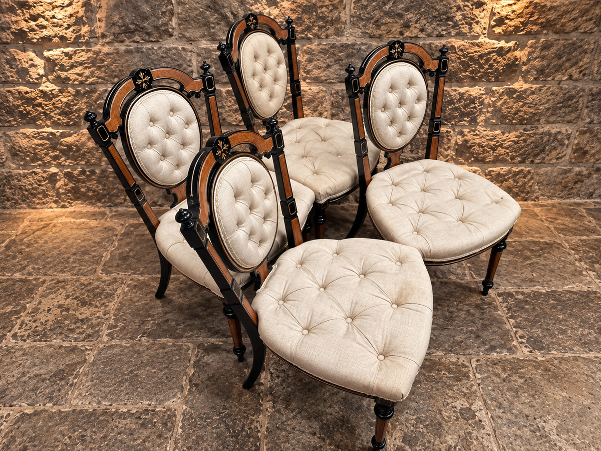 Set of 4 Victorian Aesthetic Movement Ebonised & Burr Walnut Inlaid Dining Chairs c.1875