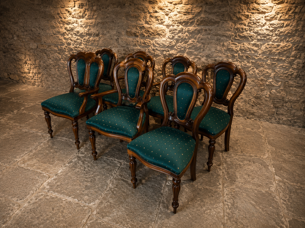 Victorian Set of 8 Solid Mahogany Balloon Back Dining Chairs | 6 Side Chairs & 2 Carvers | c.1860–1880