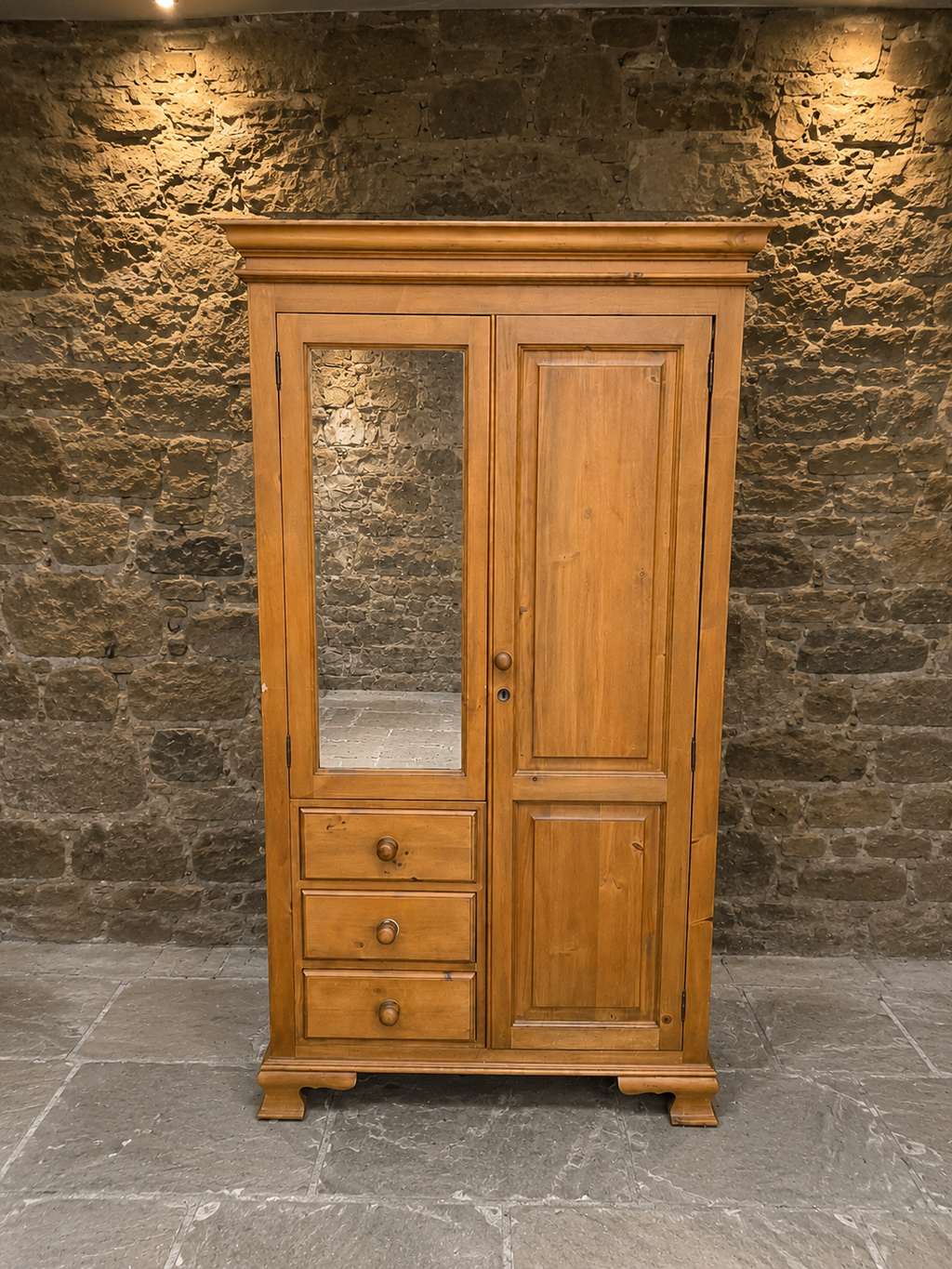 Large Solid Pine Combination Wardrobe with Mirror & Three Drawers