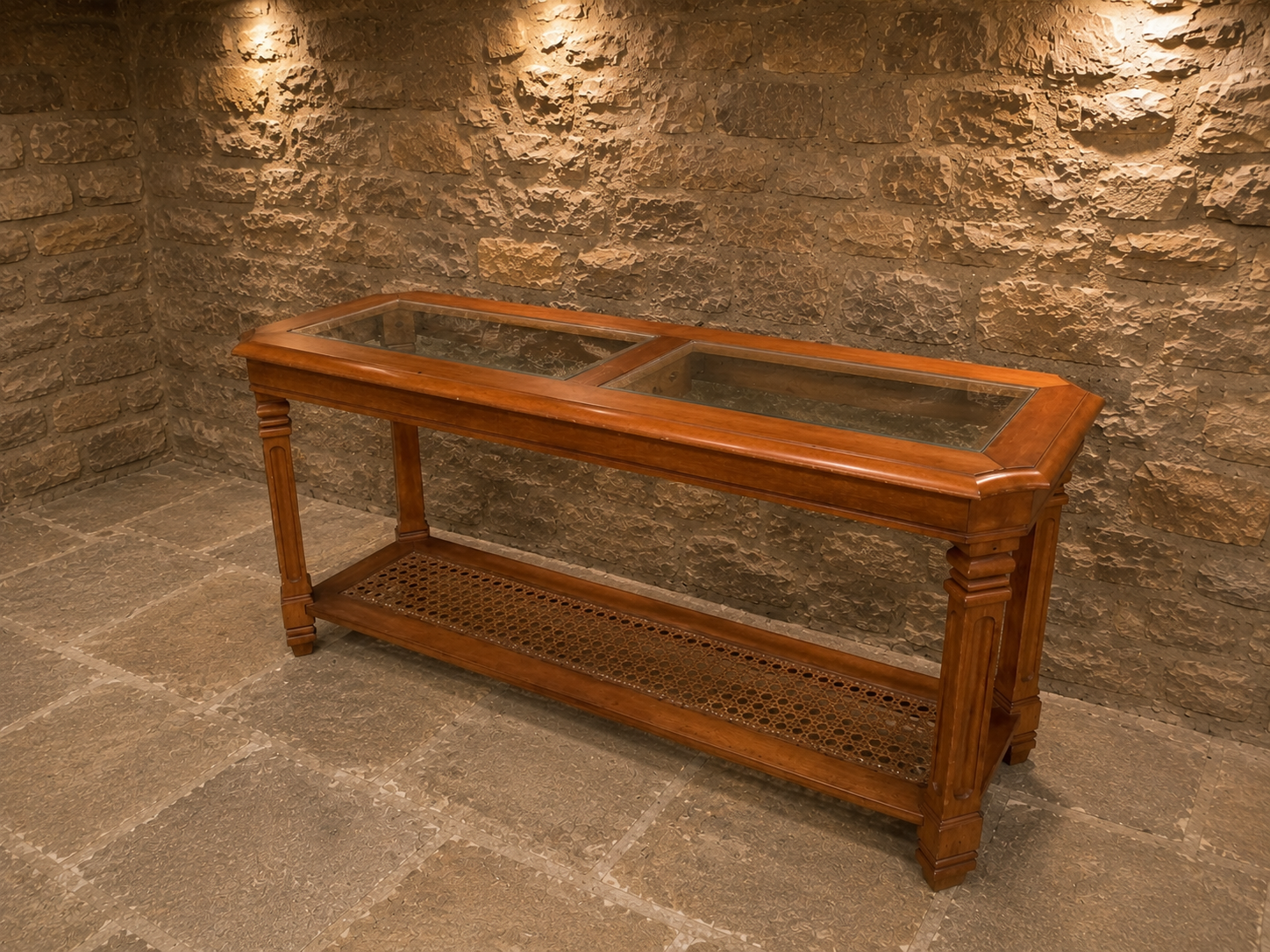 Antique Style Cherry Wood Display Console Table with Glass Top & Caned Shelf