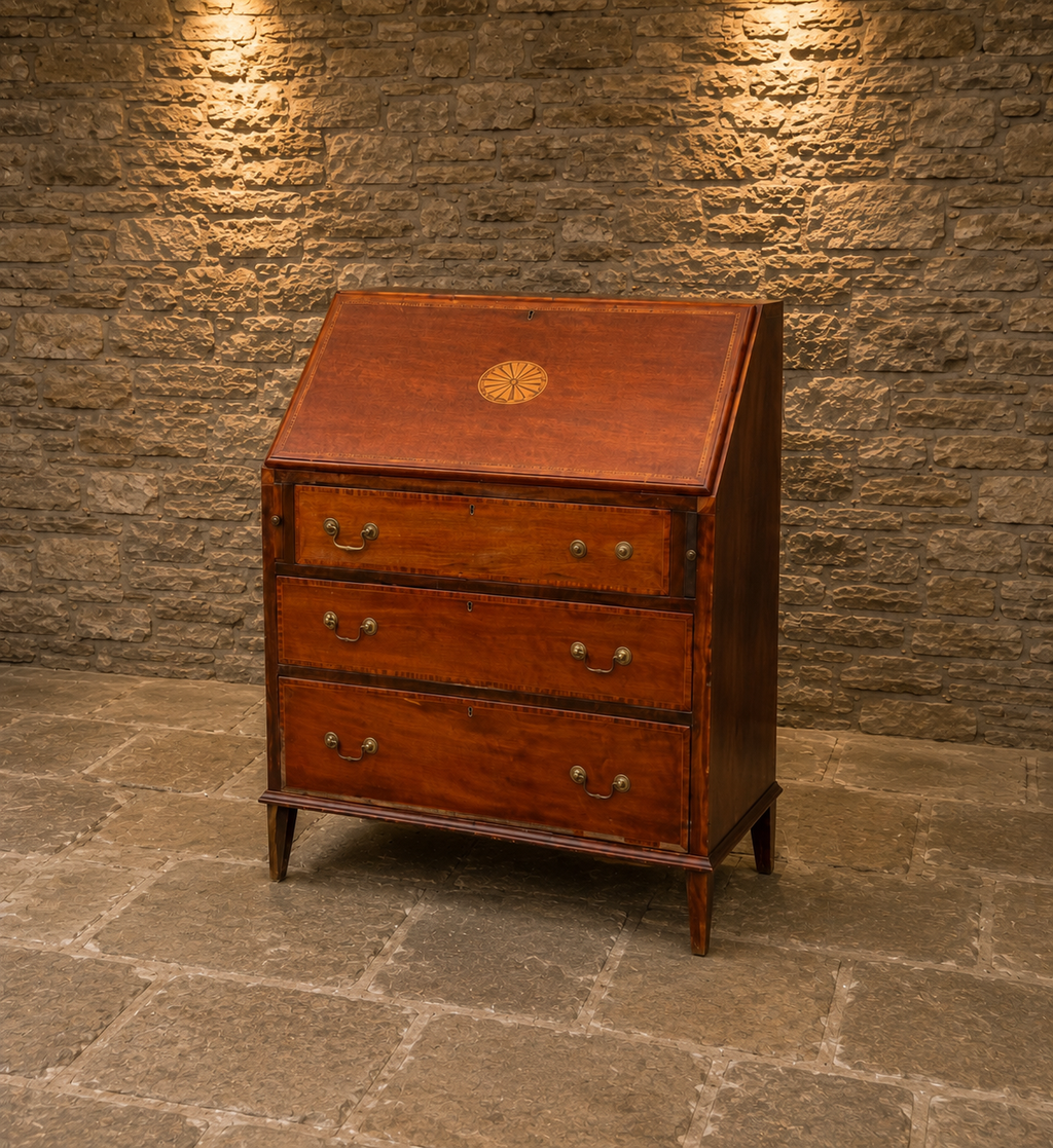 Georgian Style Mahogany Bureau | Flame Mahogany Writing Desk | Satinwood Inlaid Fall Front Secretary Desk | Fitted Interior