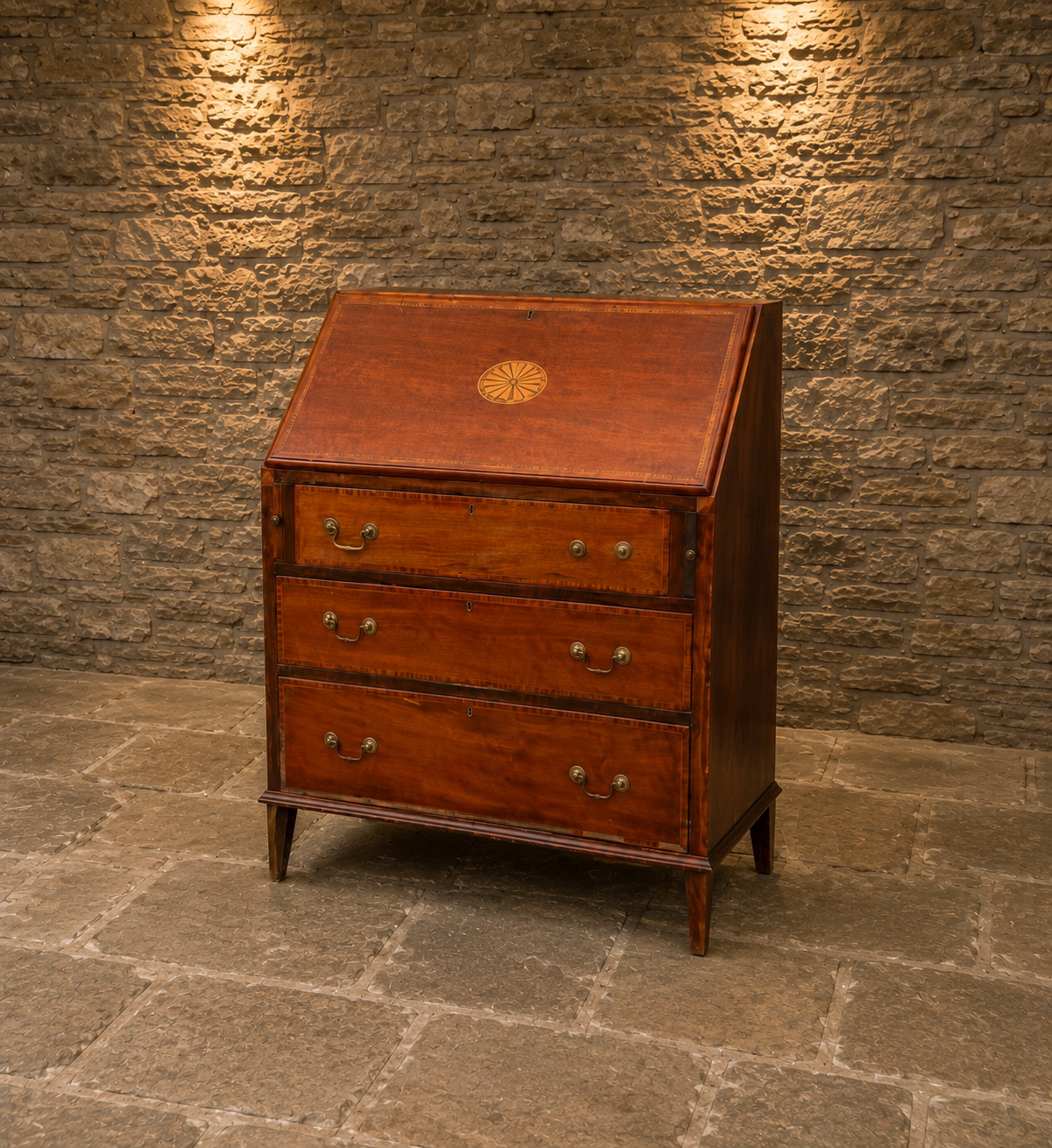 Georgian Style Mahogany Bureau | Flame Mahogany Writing Desk | Satinwood Inlaid Fall Front Secretary Desk | Fitted Interior