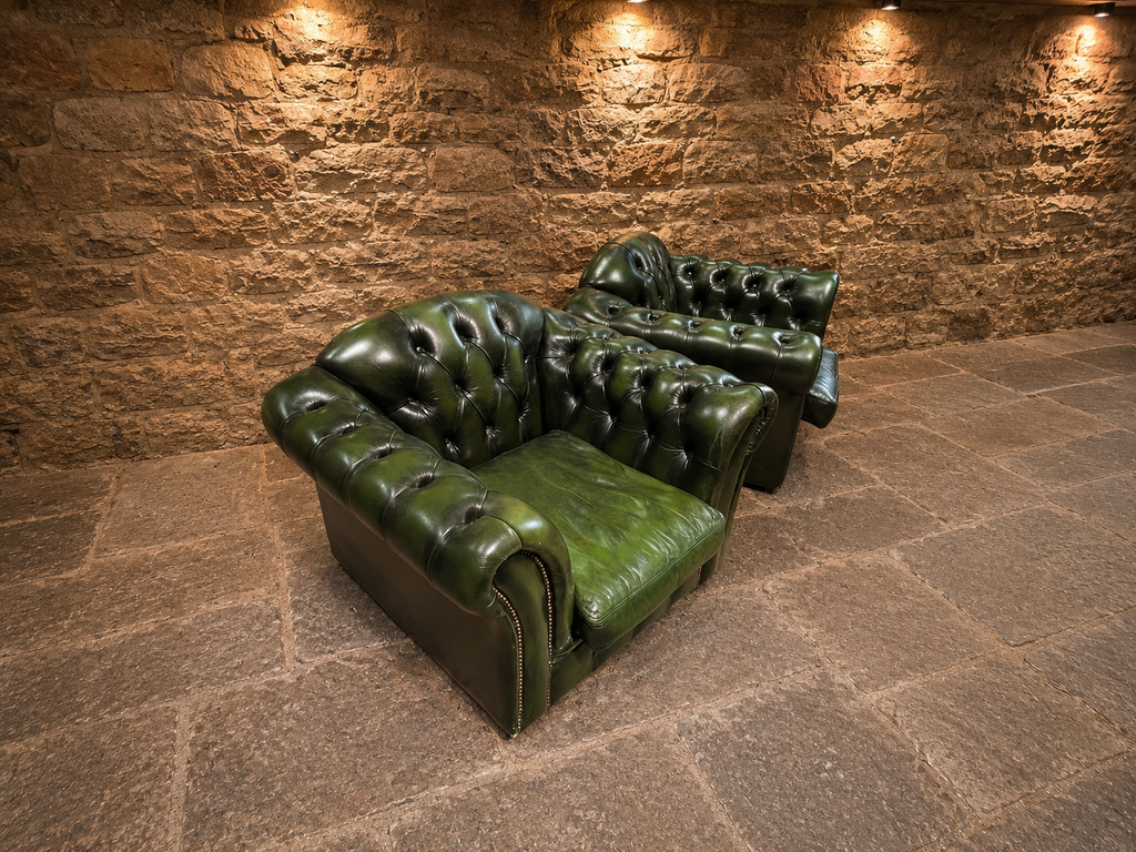Vintage Pair of Green Leather Chesterfield Club Armchairs