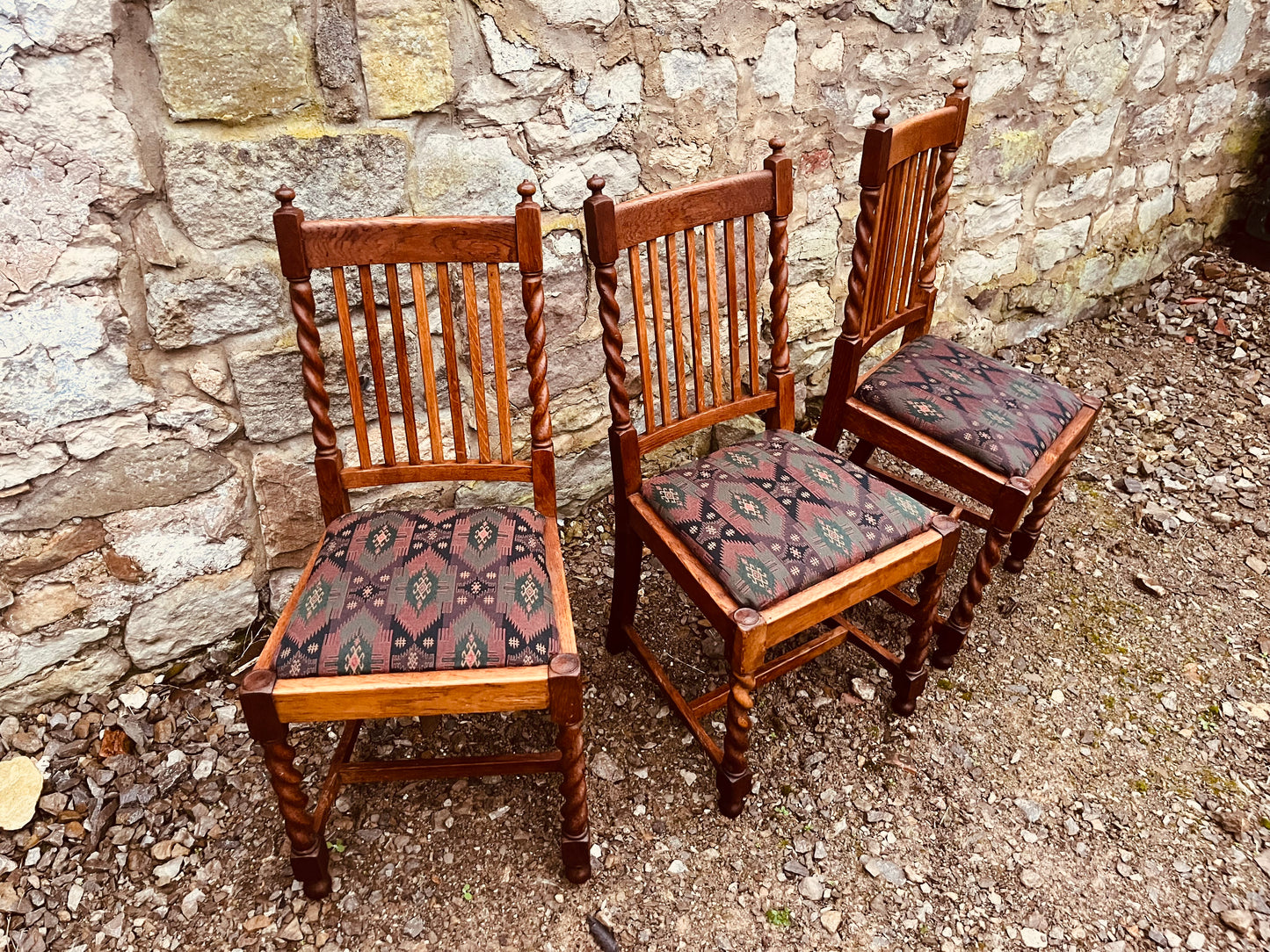 Vintage Dining Chairs – Set of 3 Oak Barley Twist Wooden Upholstered Chairs