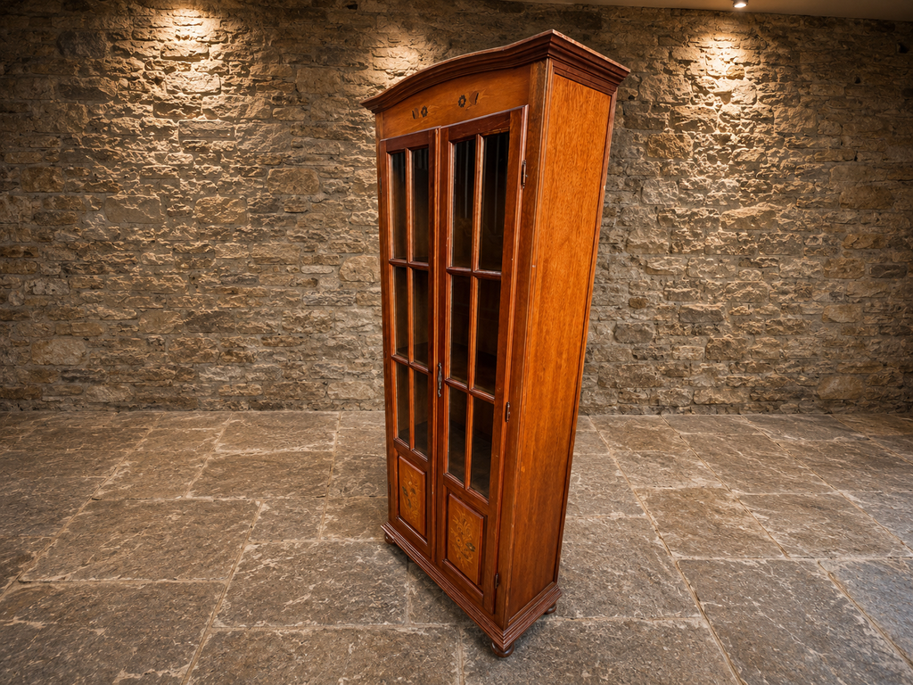 Inlaid Mahogany Display Cabinet | Vintage English Glazed Display Cabinet | Sheraton Style China Cabinet | Glass Front Curio Cabinet