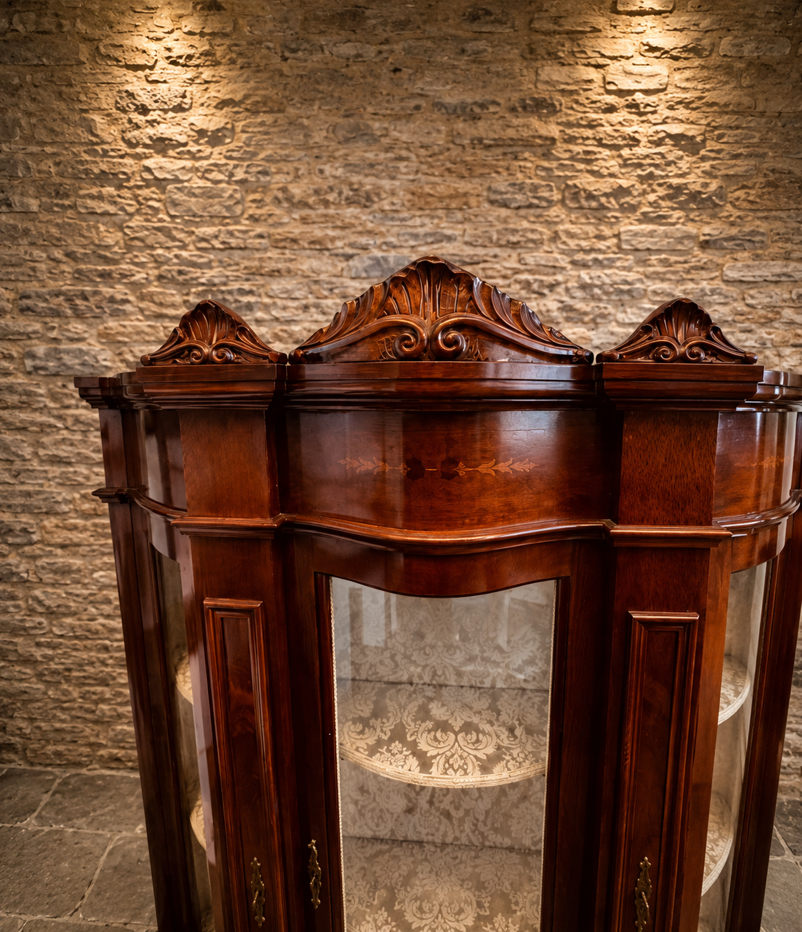 Antique Edwardian Inlaid Mahogany Bow Front Display Cabinet | Satinwood Inlaid China Cabinet | Circa 1905