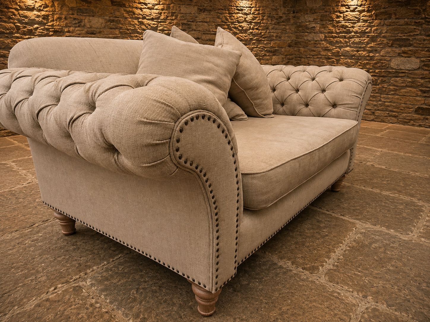 Luxury Chesterfield Style Oversized Snuggler Sofa – Neutral Linen Buttoned Love Seat