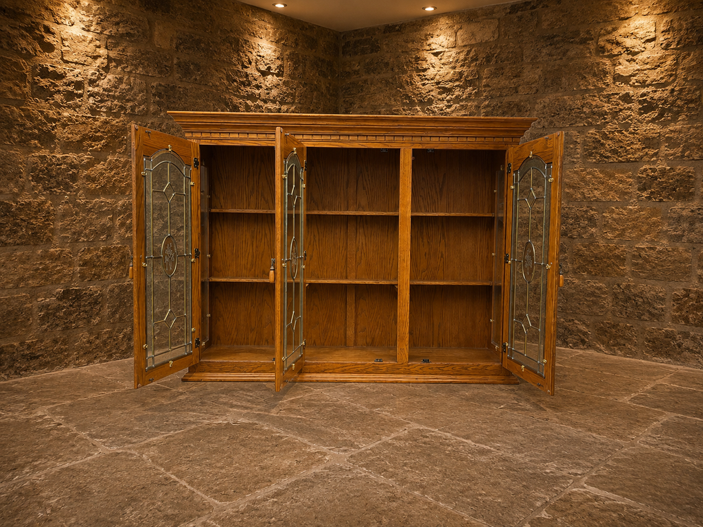 Large Vintage Oak Leaded Glass Display Cabinet – Country House Glazed Bookcase