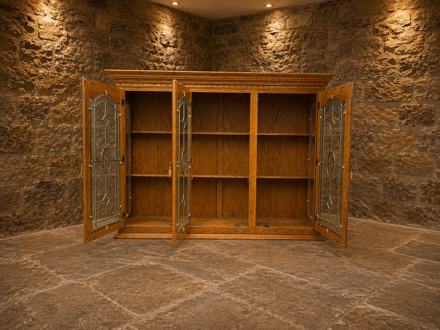 Large Vintage Oak Leaded Glass Display Cabinet – Country House Glazed Bookcase