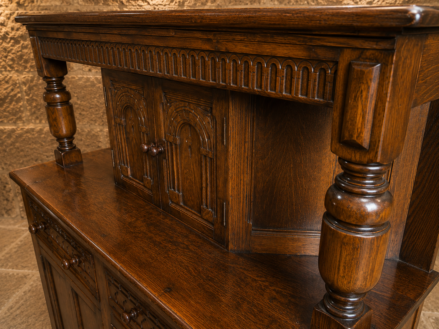Vintage Carved Oak Jacobean Revival Dresser Base with Raised Back
