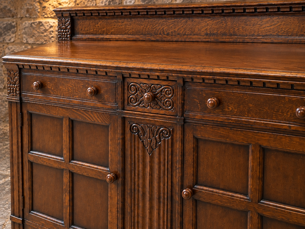 Vintage Carved Oak Sideboard – Traditional Dark Oak Two Door Storage Cabinet