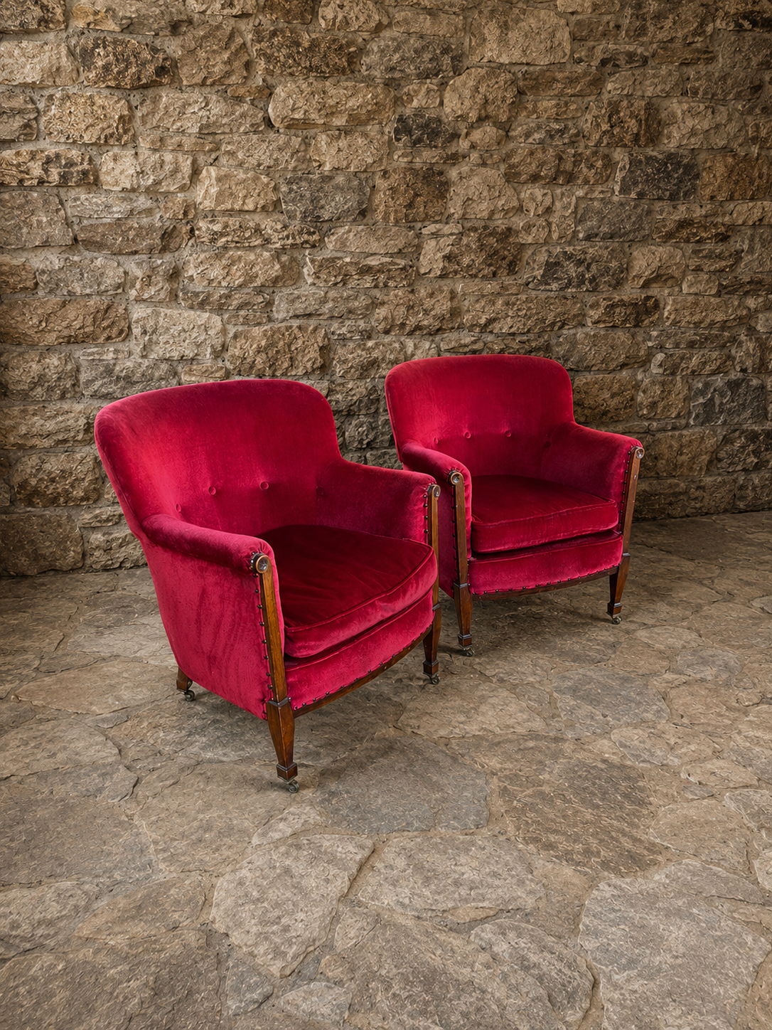 Pair of Antique Edwardian Burgundy Velvet Armchairs c1920