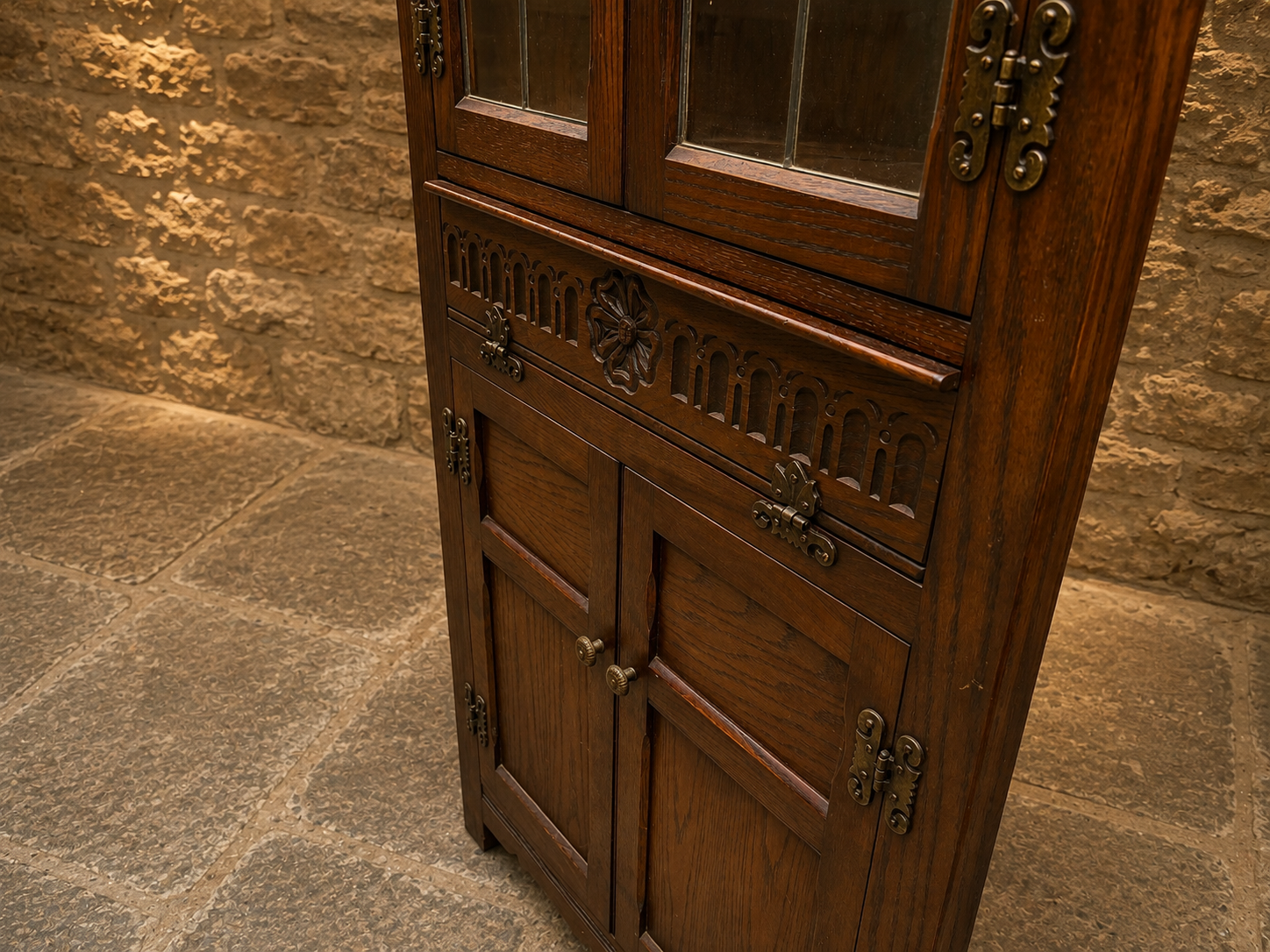 Vintage Oak Corner Display Cabinet with Leaded Glass Doors