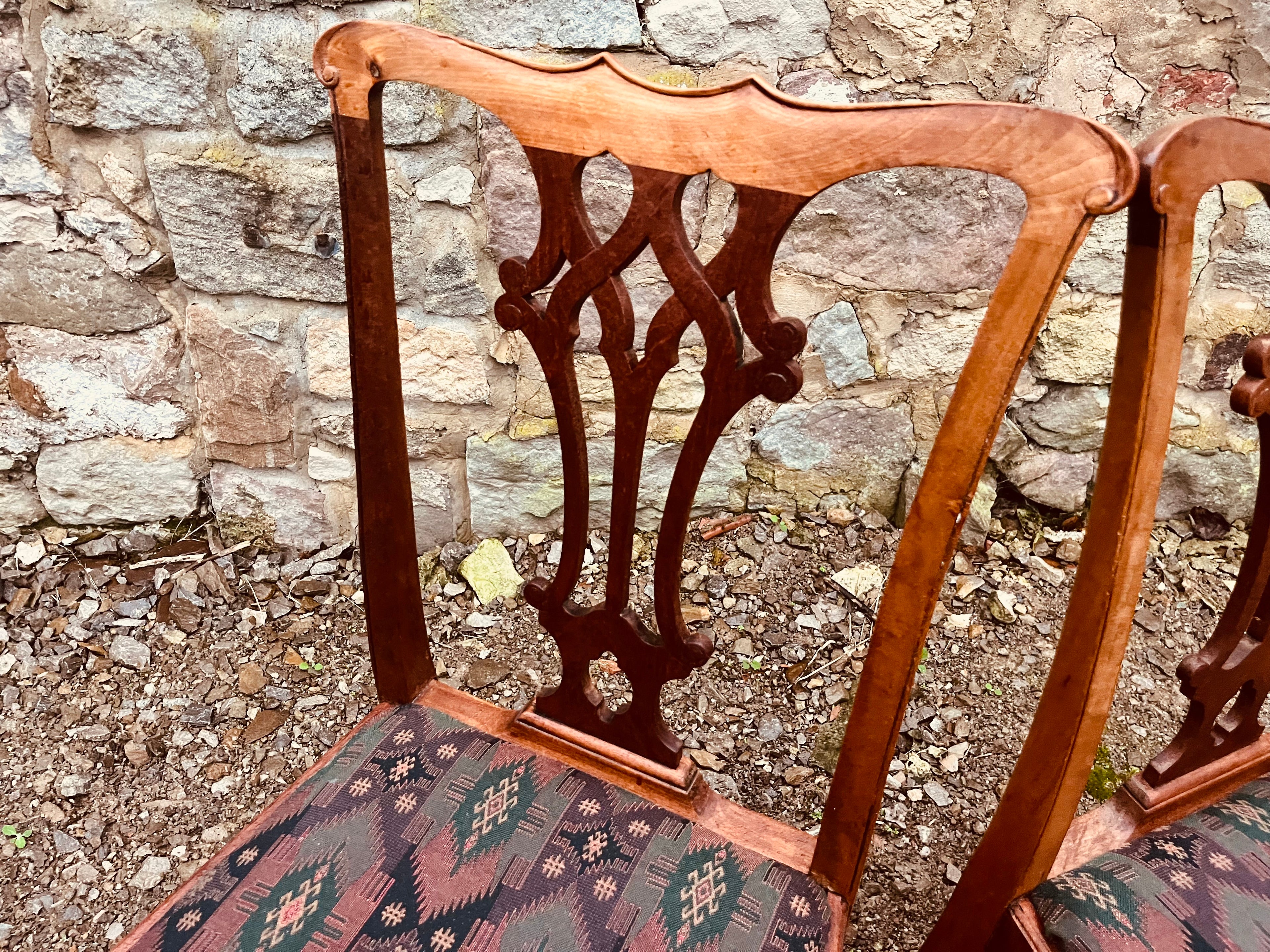 Vintage Dining Chairs – Set of 4 Chippendale Style Wooden Upholstered Chairs