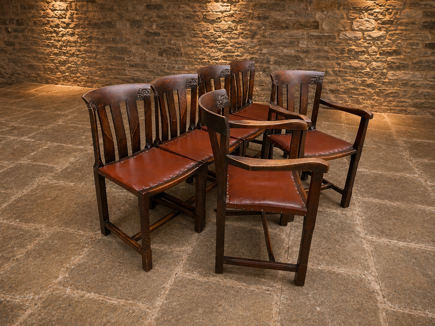 Antique Arts & Crafts Oak Dining Chairs – Set of 6 with Leather Seats & 2 Carvers – c.1890–1910
