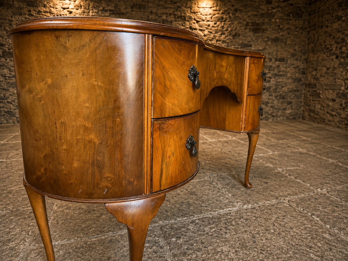 Antique Queen Anne Revival Walnut Kneehole Desk | 1930s Walnut Writing Desk | Vintage Dressing Table