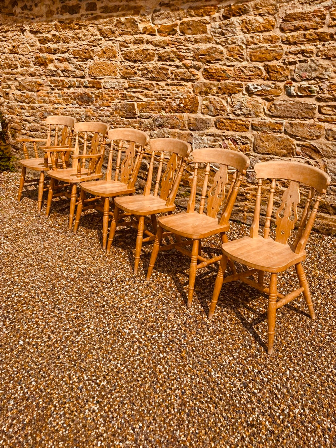 Set of 6 Vintage Farmhouse Dining Chairs with Carvers – Spindle Back English Country Chairs