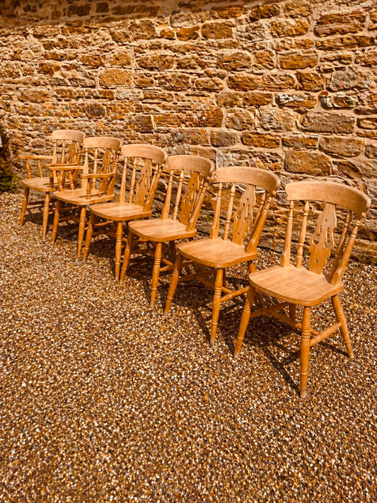 Set of 6 Vintage Farmhouse Dining Chairs with Carvers – Spindle Back English Country Chairs