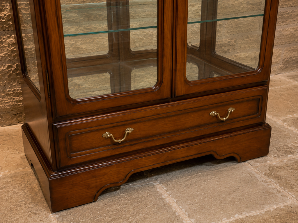 Vintage Mahogany Display Cabinet – Glazed China Cabinet with Glass Shelves & Storage Drawer