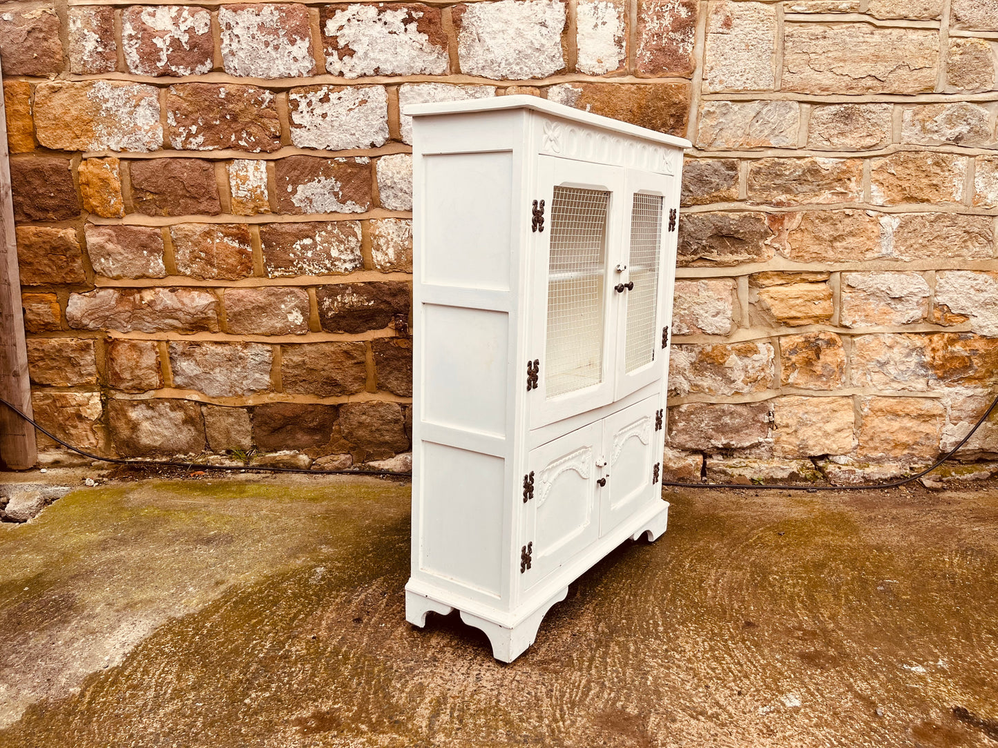 Vintage Farmhouse Kitchen Cupboard with Wire Mesh Doors