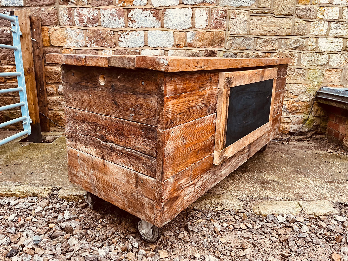 Handmade Reclaimed Wood Kitchen Island on Castors – Rustic Farmhouse Prep Table