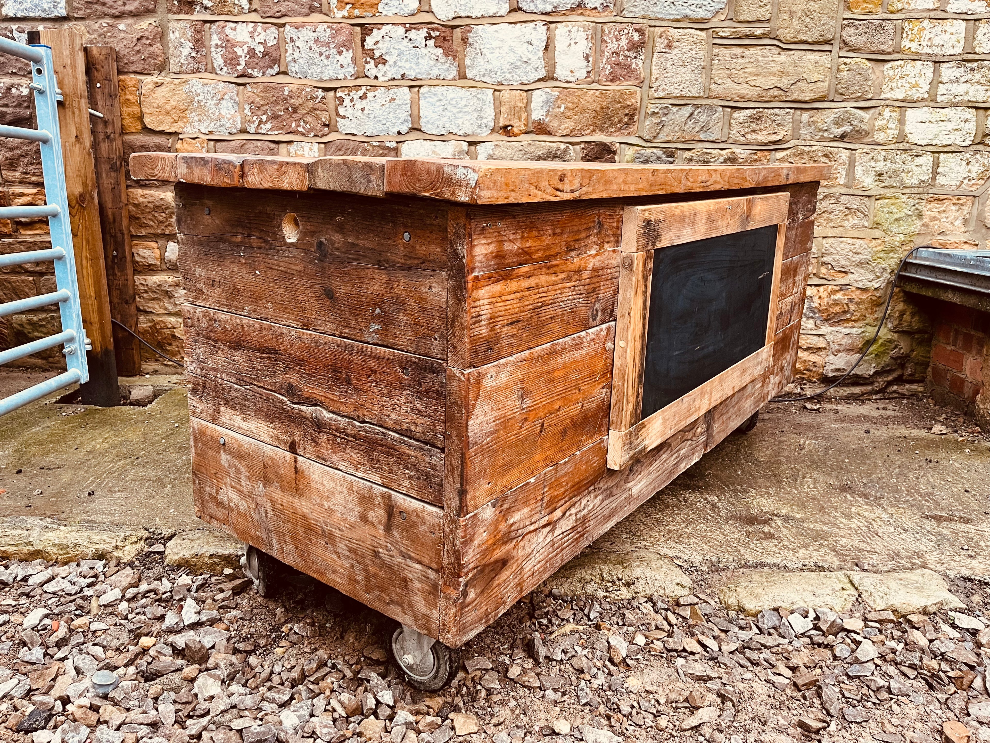 Handmade Reclaimed Wood Kitchen Island on Castors – Rustic Farmhouse Prep Table