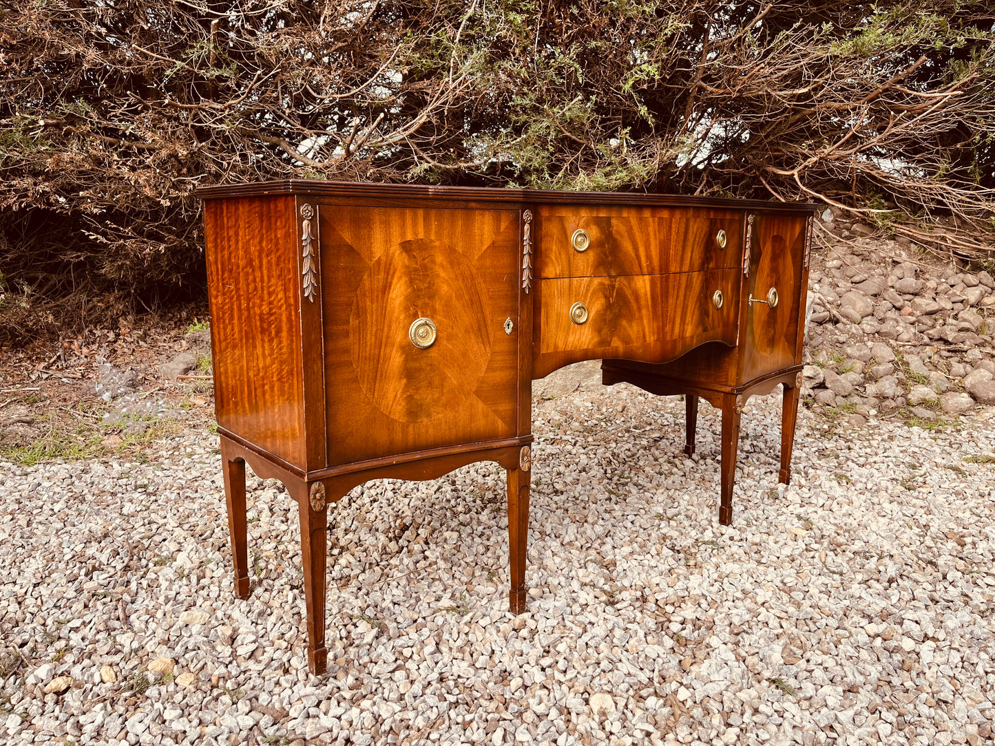 Antique Edwardian Mahogany Bow Front Sideboard – Sheraton Revival Flame Mahogany Server Cabinet