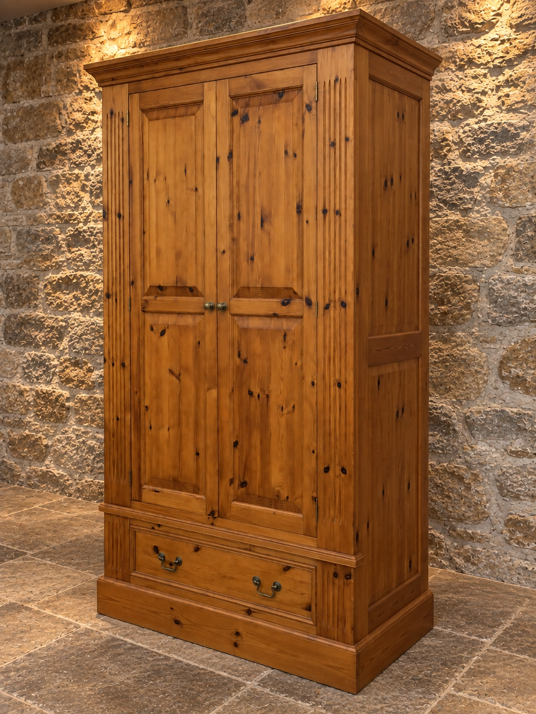 Large Traditional Pine Double Wardrobe with Drawer