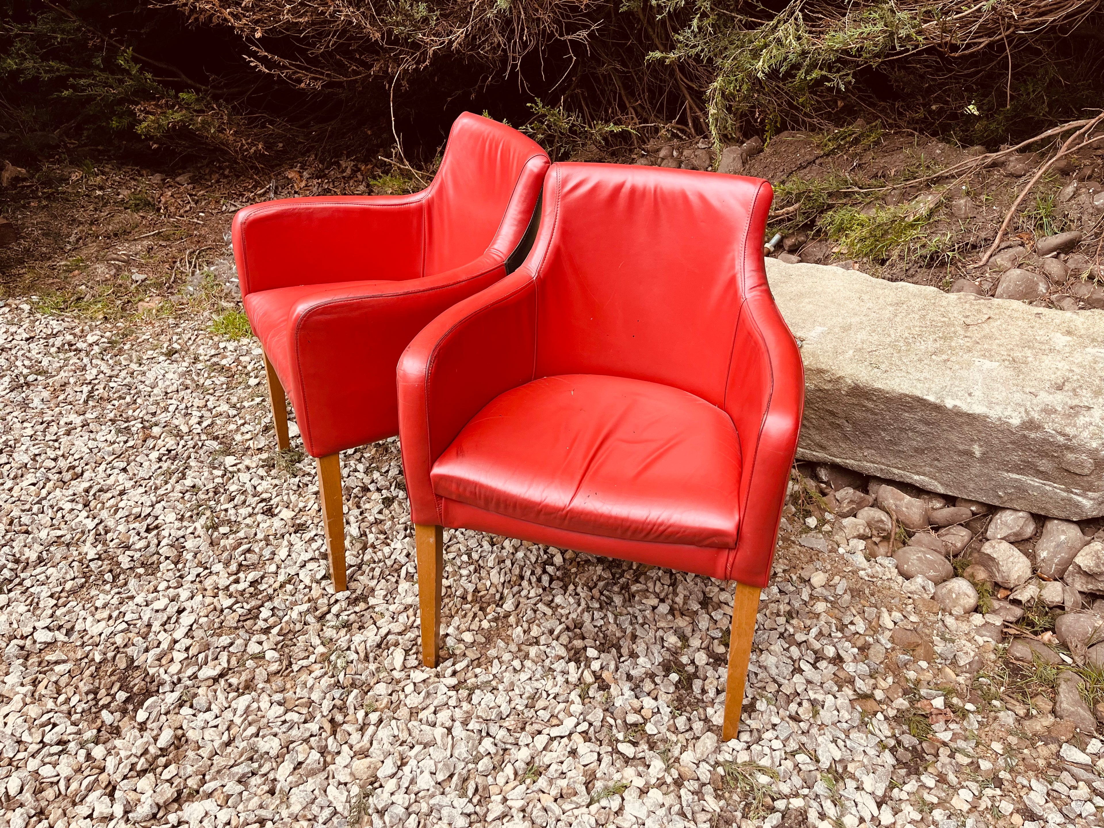 Vintage Red Leather Armchairs – Pair of Leather Tub Dining Chairs