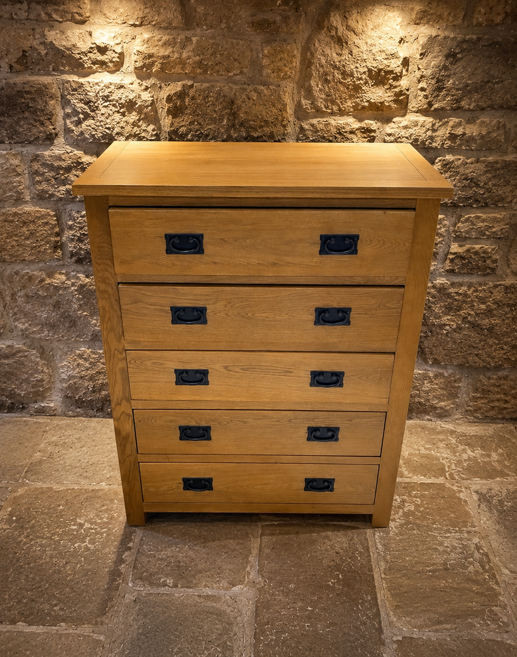 Solid Oak Tallboy Chest of Drawers – Five Drawer Arts & Crafts Style