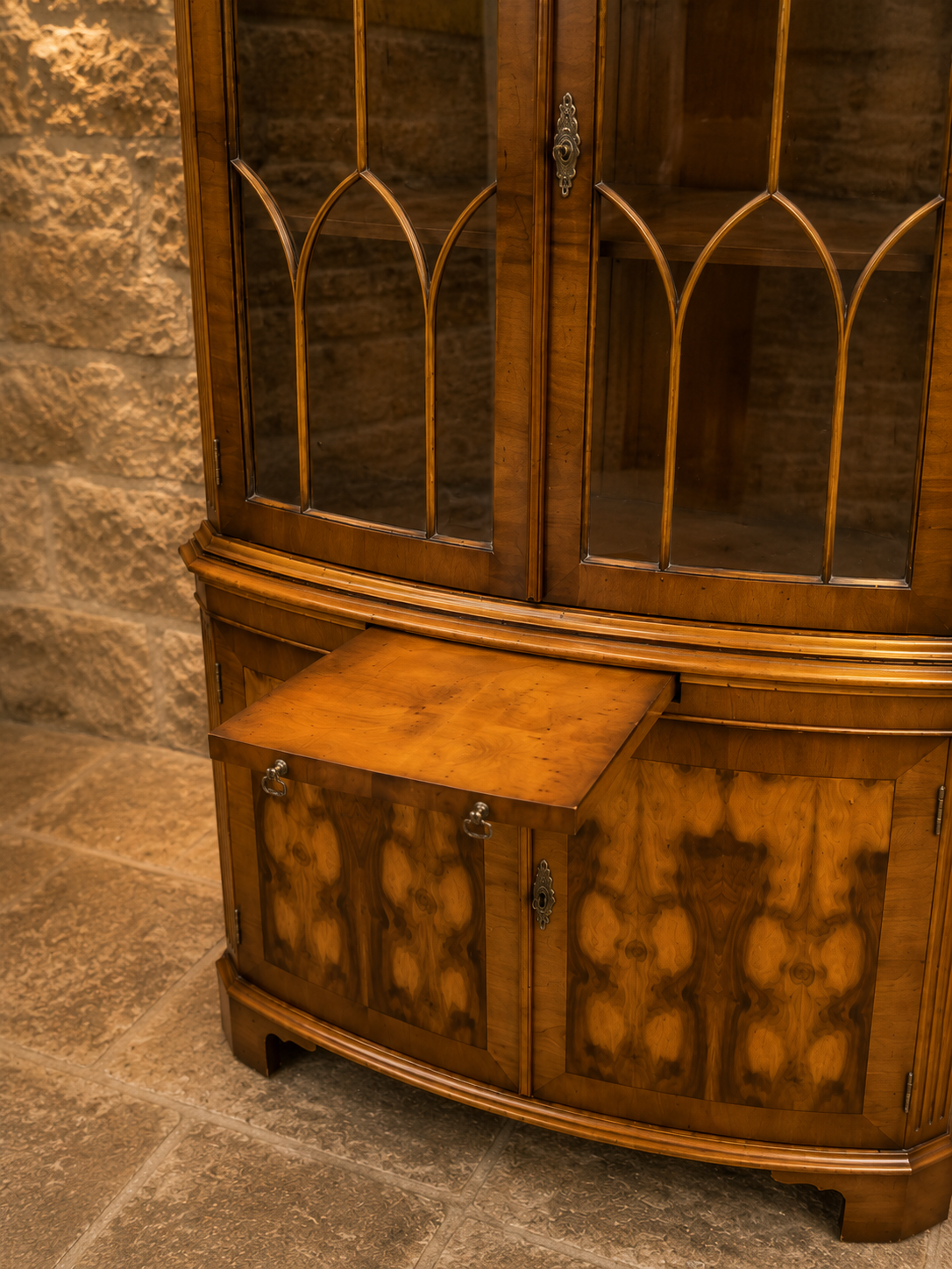 Antique Edwardian Bow Front Display Cabinet | Satinwood & Burr Walnut China Cabinet | Gothic Glazed Cabinet | c.1905–1920