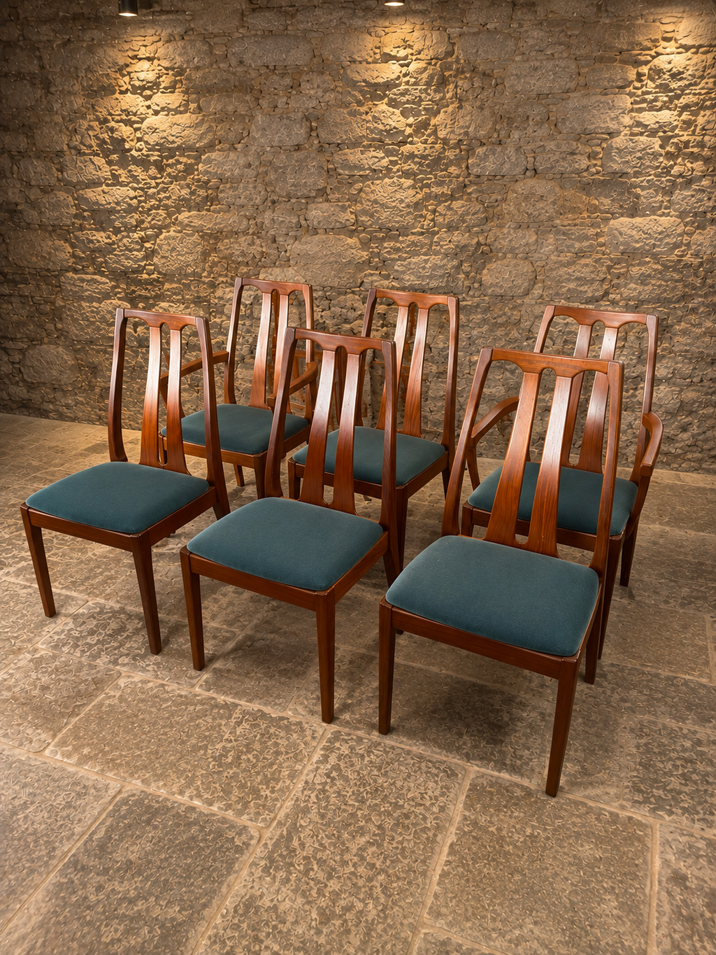 Set of 6 Mid-Century Teak Dining Chairs | Four Side Chairs & Two Carver Chairs | Scandinavian Style