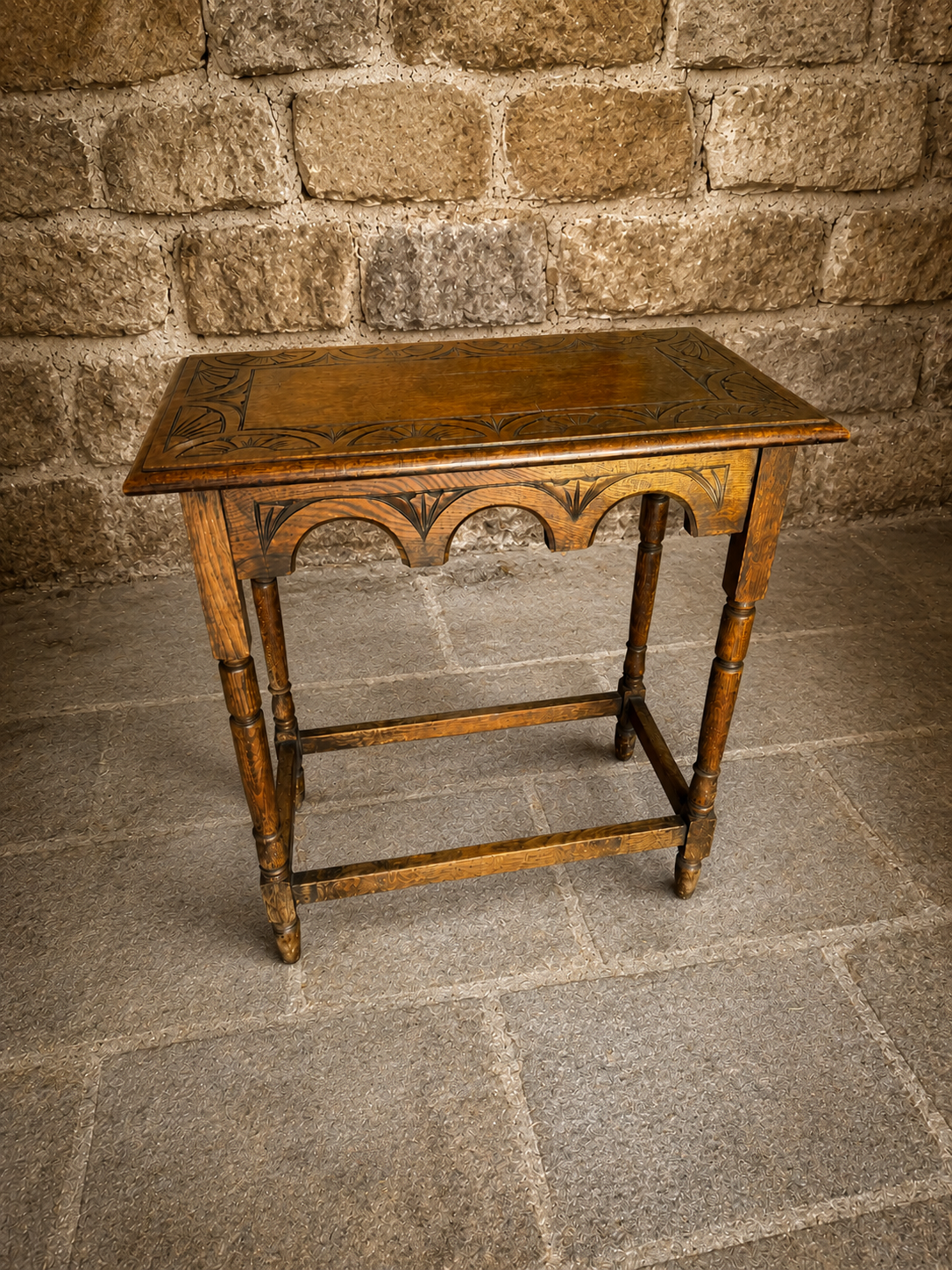 Antique Arts & Crafts Carved Oak Side Table c.1900-1920