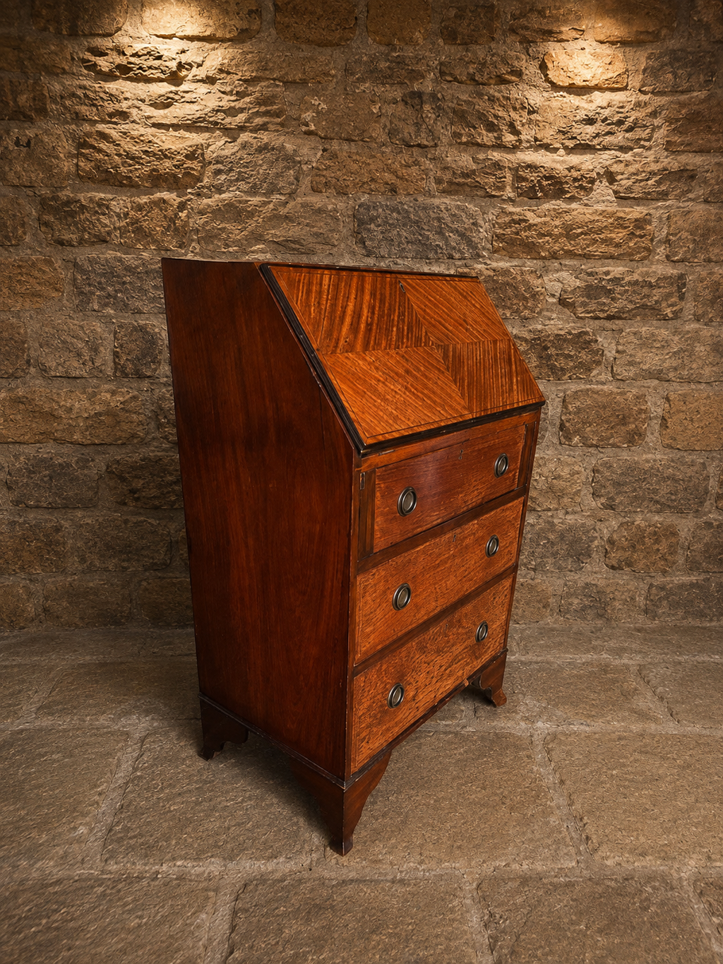 Antique Edwardian Bureau Writing Desk – Geometric Veneered Fall Front – Circa 1920