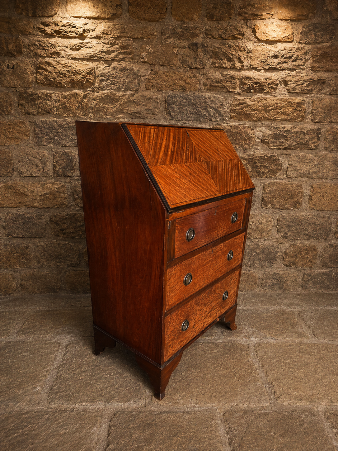 Antique Edwardian Bureau Writing Desk – Geometric Veneered Fall Front – Circa 1920