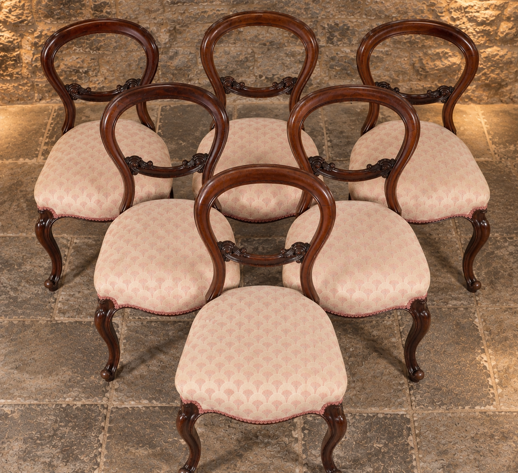 Set of Six Antique Victorian Mahogany Balloon Back Dining Chairs – c.1840–1860
