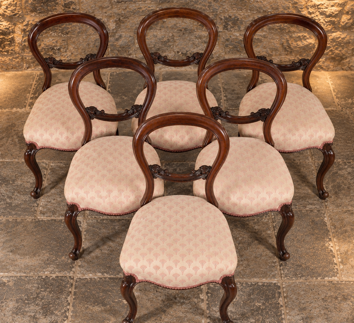 Set of Six Antique Victorian Mahogany Balloon Back Dining Chairs – c.1840–1860