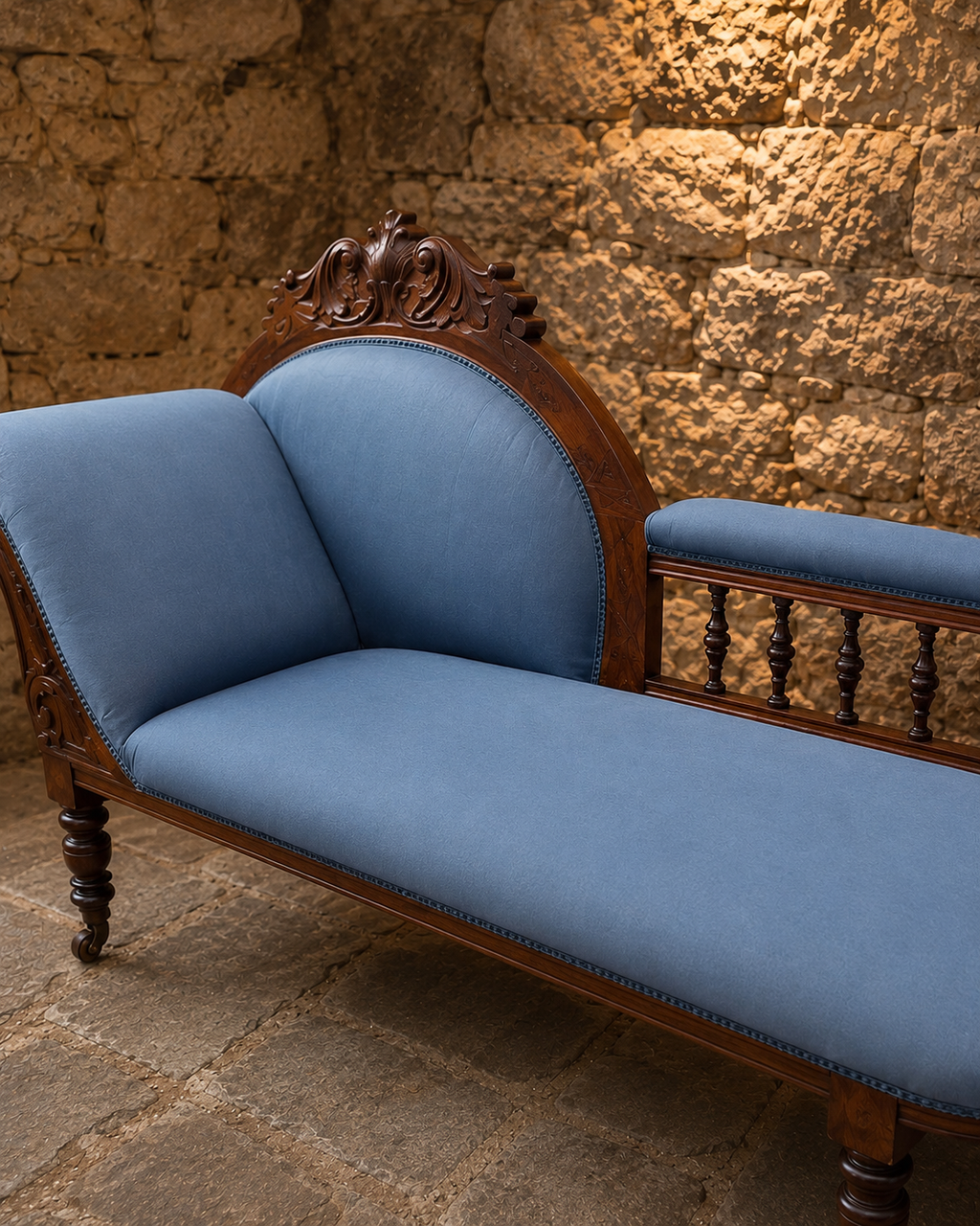 Antique Victorian Carved Walnut Chaise Longue – Circa 1880 – Blue Upholstered Daybed