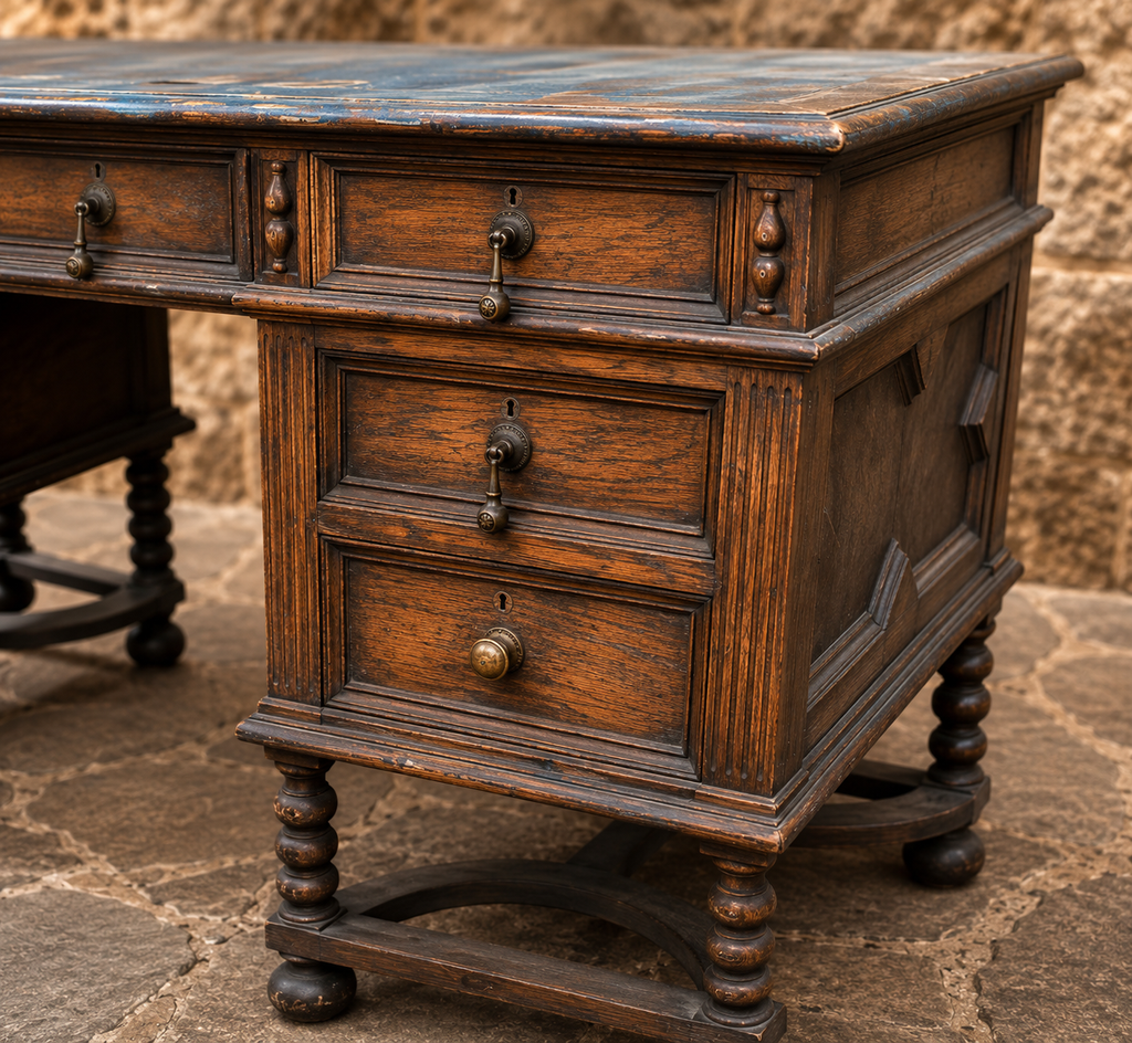Antique Oak Pedestal Writing Desk – Circa 1900 – Victorian Edwardian Jacobean Revival Desk