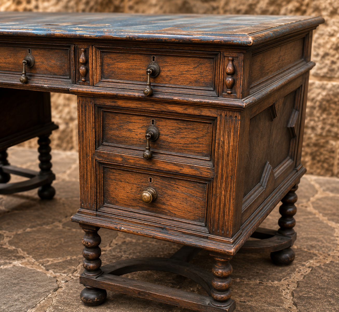 Antique Oak Pedestal Writing Desk – Circa 1900 – Victorian Edwardian Jacobean Revival Desk