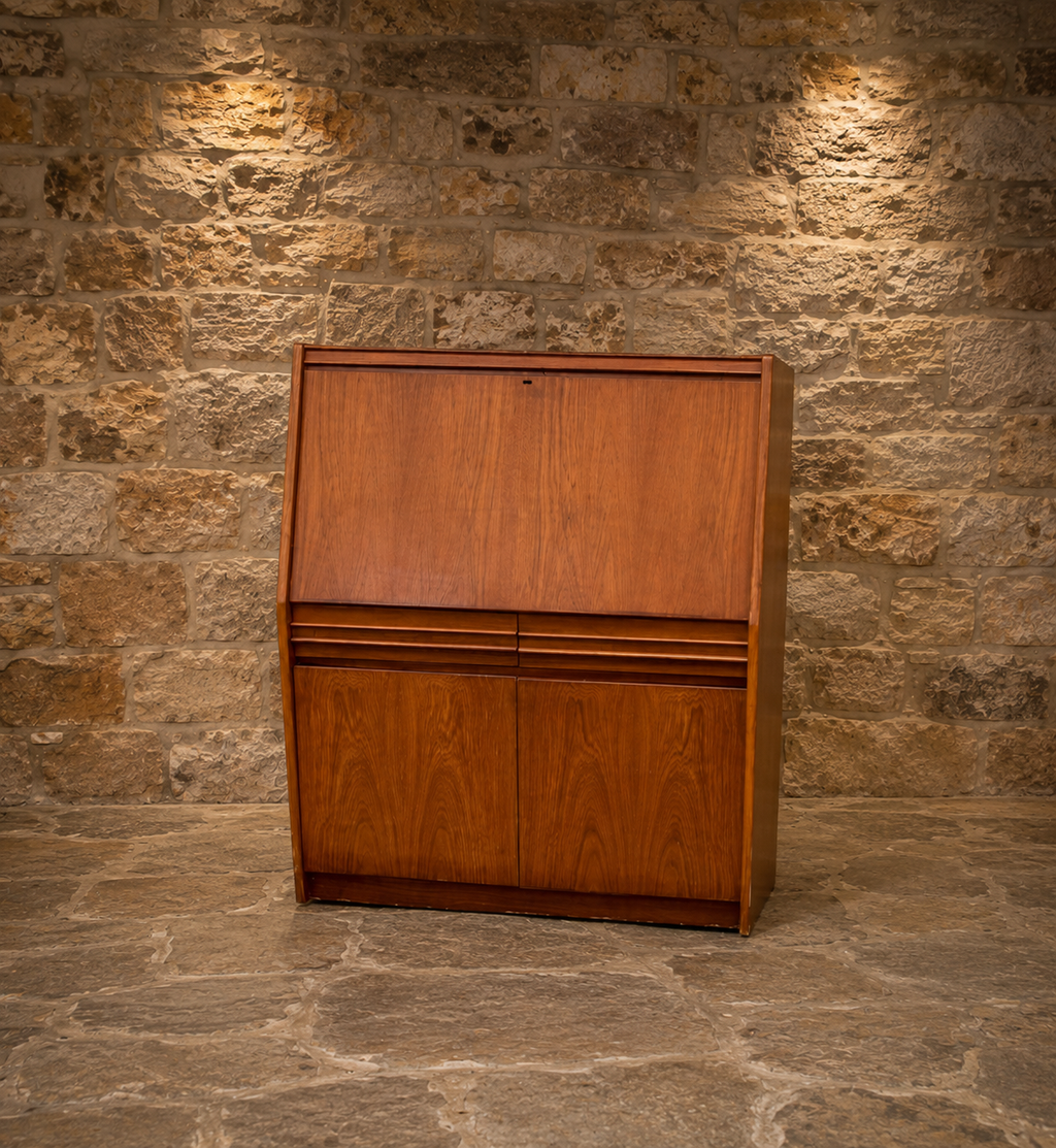 Mid-Century Modern Teak Bureau Desk | Danish Style Drop Front Writing Bureau | Vintage Secretary Desk & Cocktail Cabinet