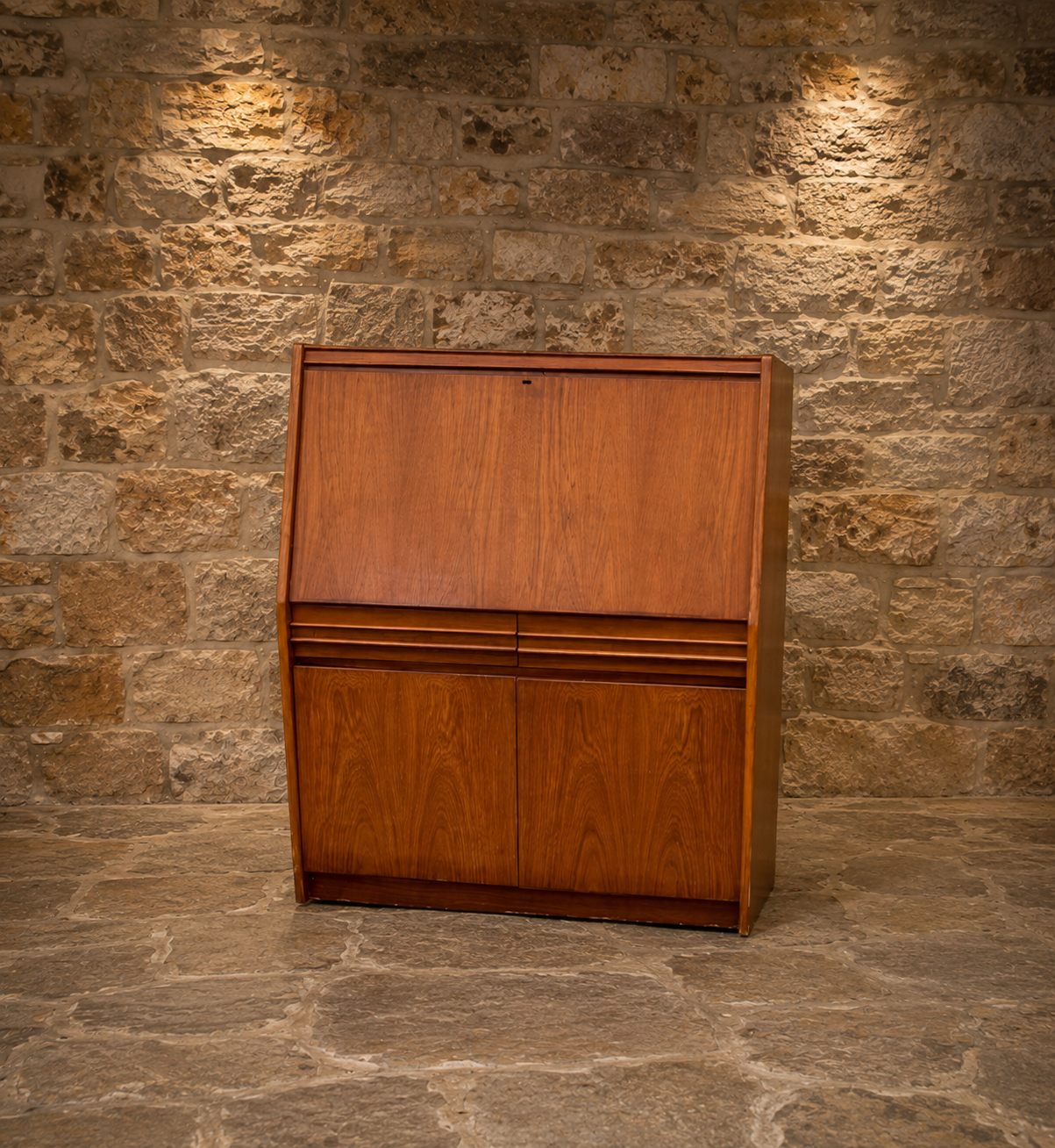 Mid-Century Modern Teak Bureau Desk | Danish Style Drop Front Writing Bureau | Vintage Secretary Desk & Cocktail Cabinet